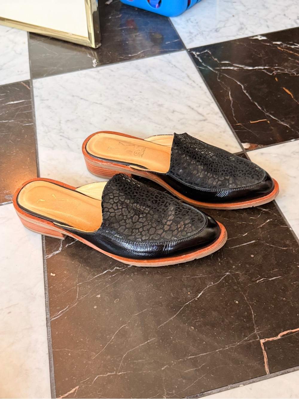 Black Leopard Print Textured Leather Slip-On Mules for Women by Calzados Kevin